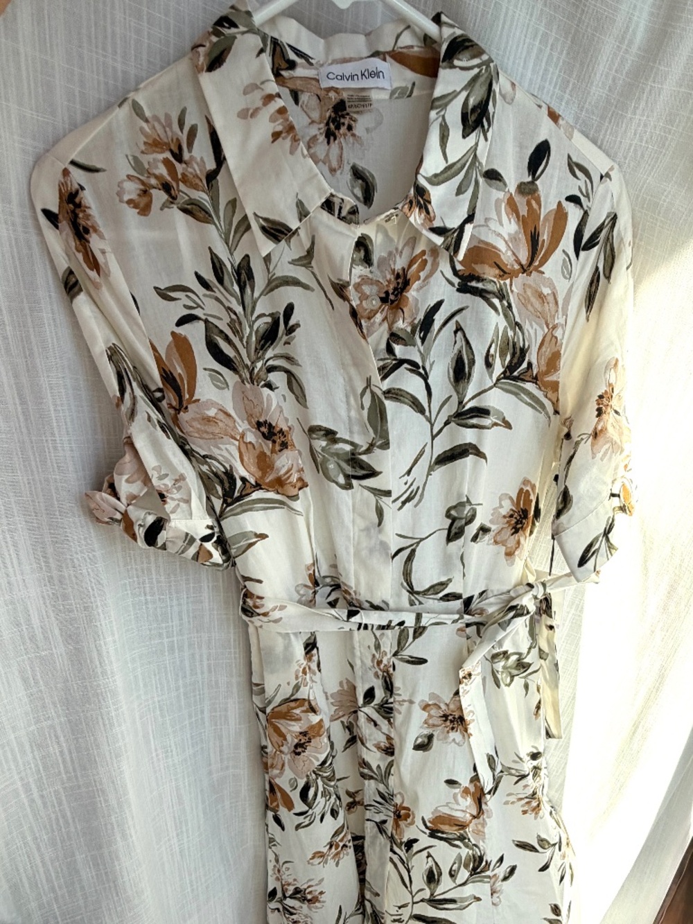 Calvin Klein White Midi Dress with Brown Floral and Green Leaves